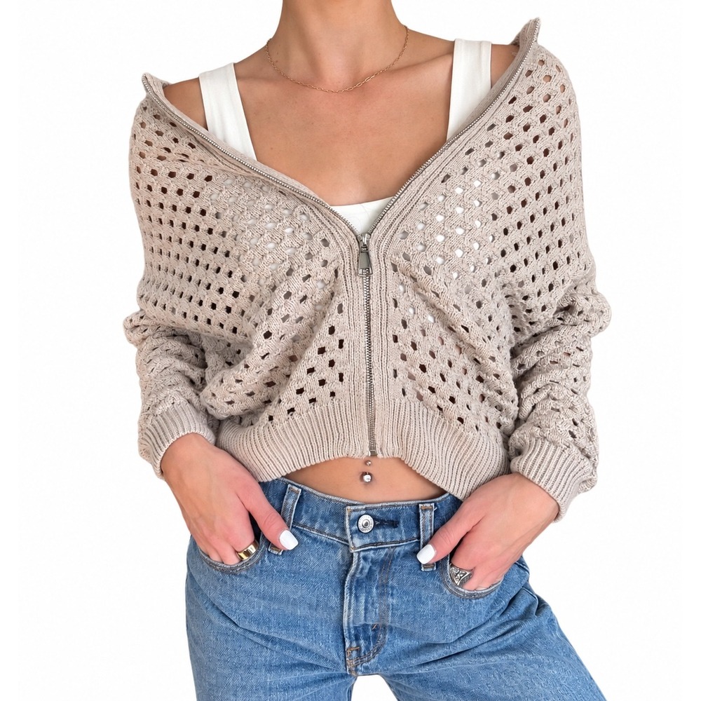 Elan Beige Open Hole Knit Full Zip Sweater